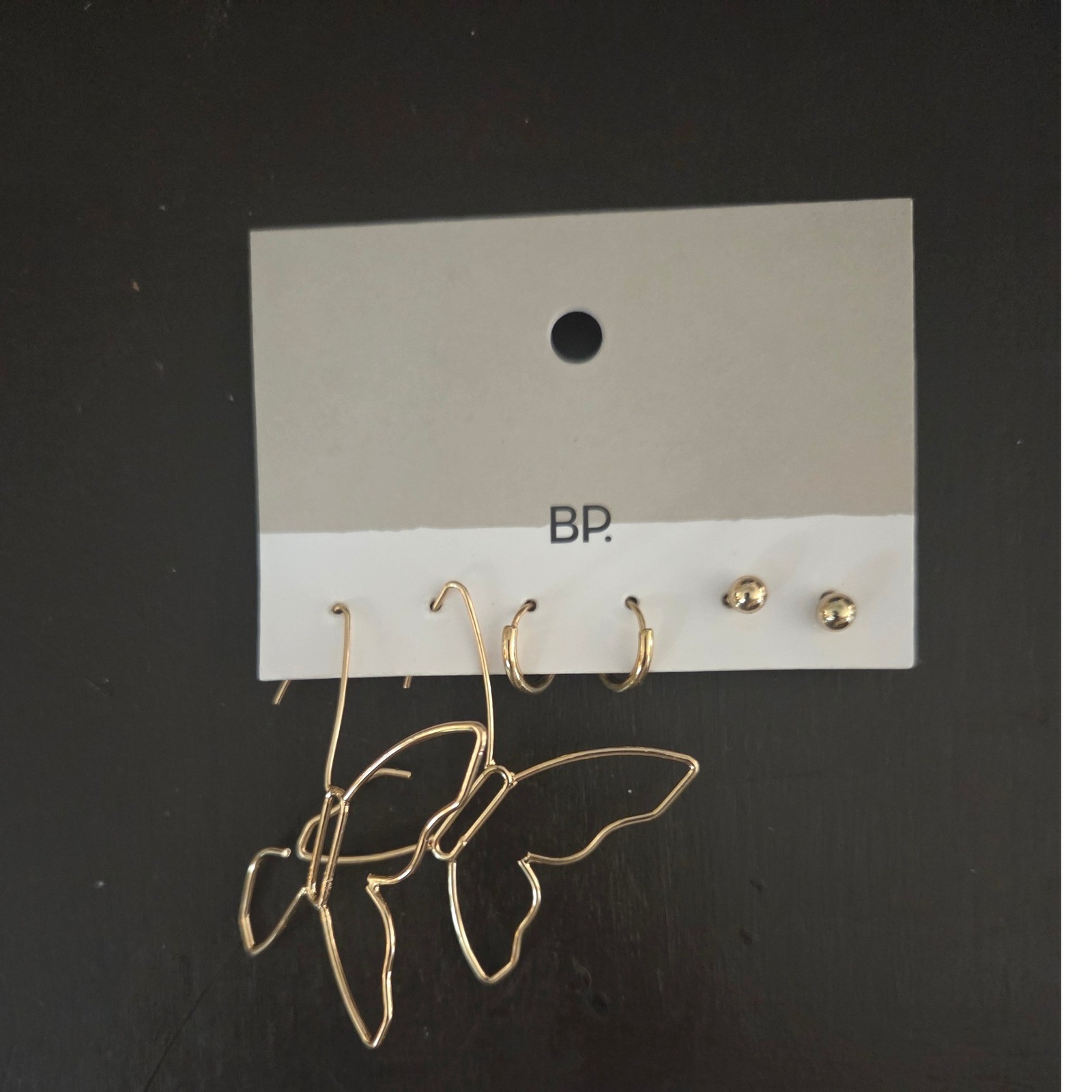 Bp Nordstrom 3 Pair Earring Set Gold Butterfly Wire Drops Hoops Studs New